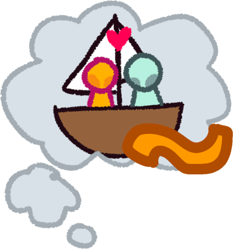 a grey thought bubble having a sailboat with a yellow and light blue person inside and a heart on top of them. In front of the thought bubble is an orange wavy dash